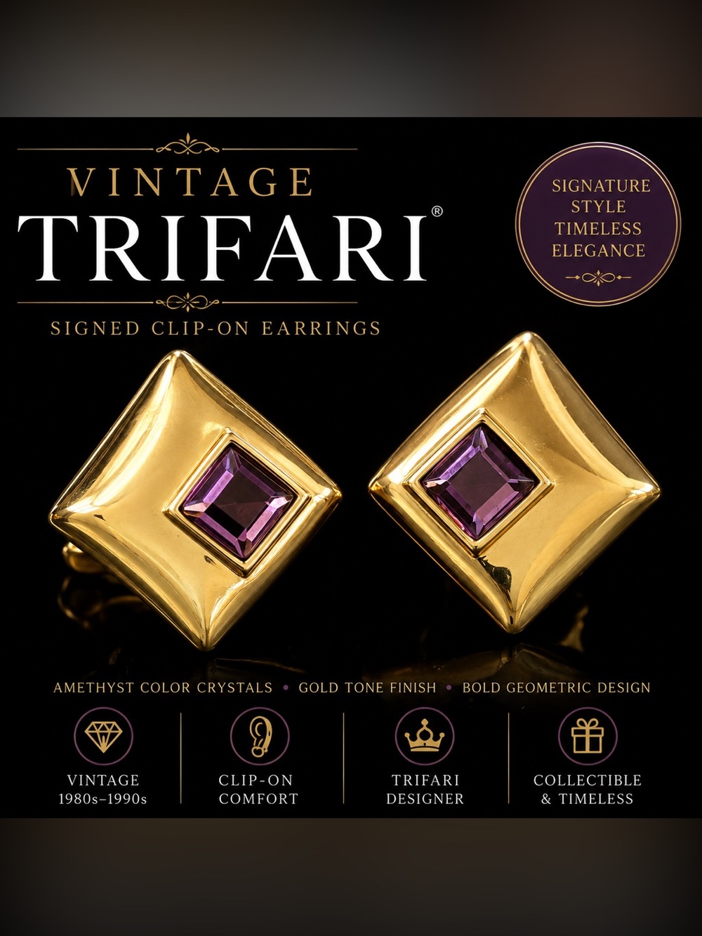 Vintage Signed Trifari Gold Tone Amethyst Crystal Clip On Earrings ⭐